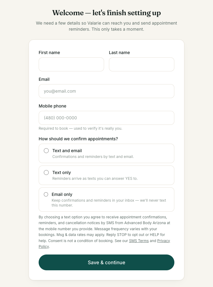 The in-app account setup screen: name, email and mobile phone fields, three unselected contact-preference options, and the SMS consent disclosure with links to the SMS Terms and Privacy Policy.